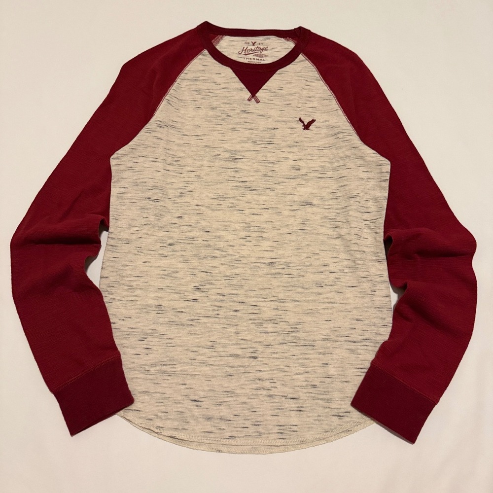 American Eagle Thermal Shirt Mens Medium Cream Burgundy Raglan Space Dye Waffle